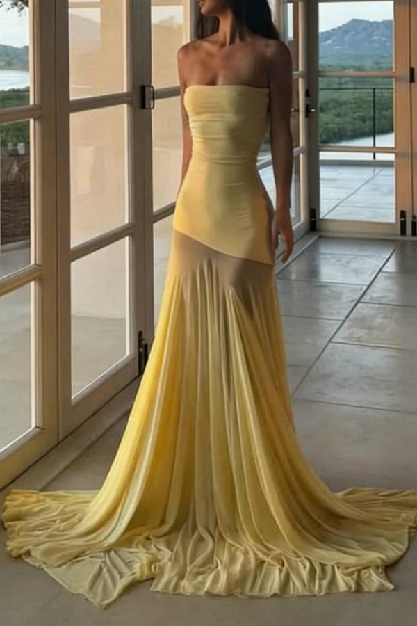Solid Color Sleeveless Off-shoulder Mesh-paneled Fitted Maxi Dress