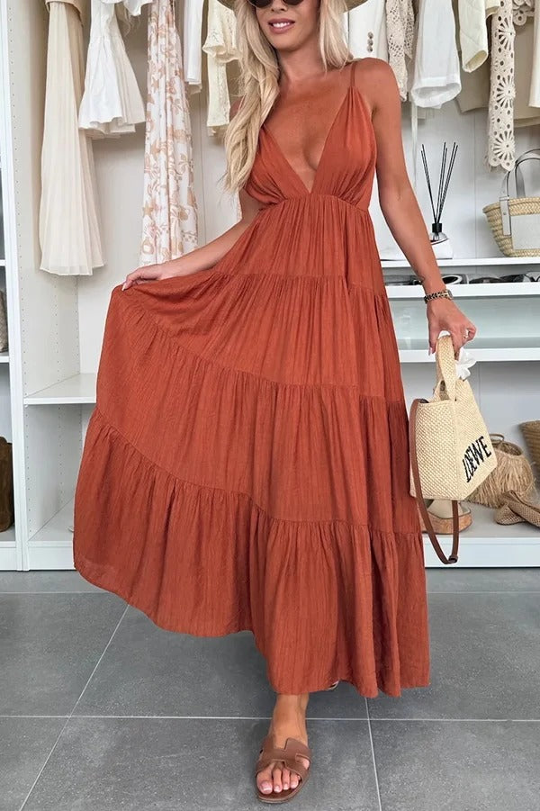 Bohemian Style V-neck Backless Slip Layered Vacation Maxi Dress