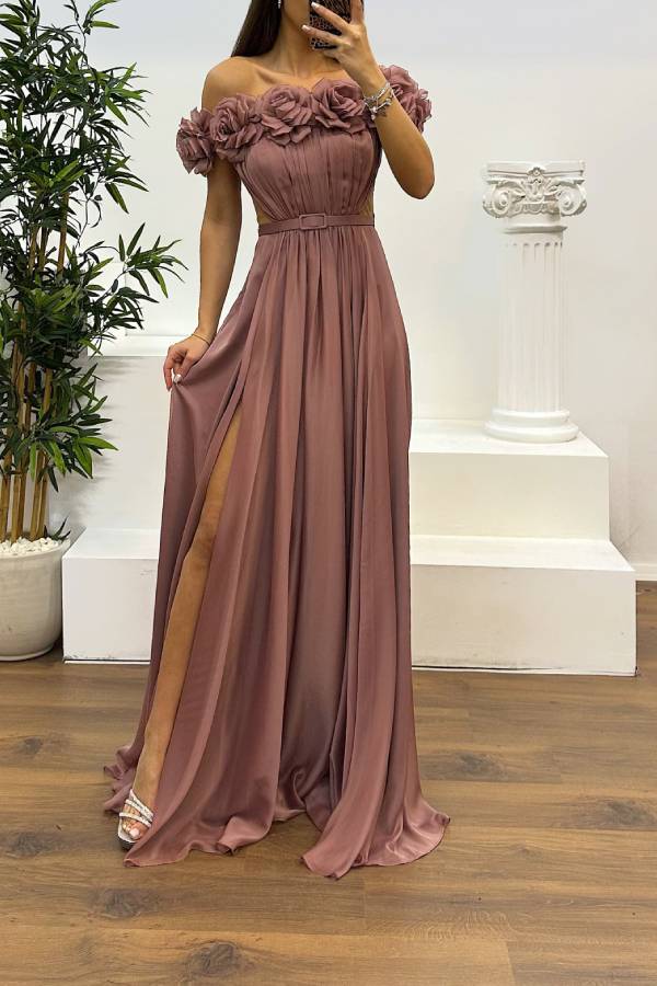 Strapless Chest Rose Waist Detail Design Evening Dress