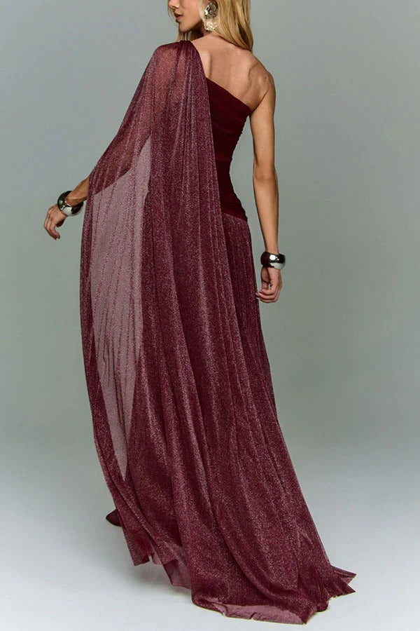 Maison Lurex Shimmer Ethereal One-Shoulder Draped Maxi Dress