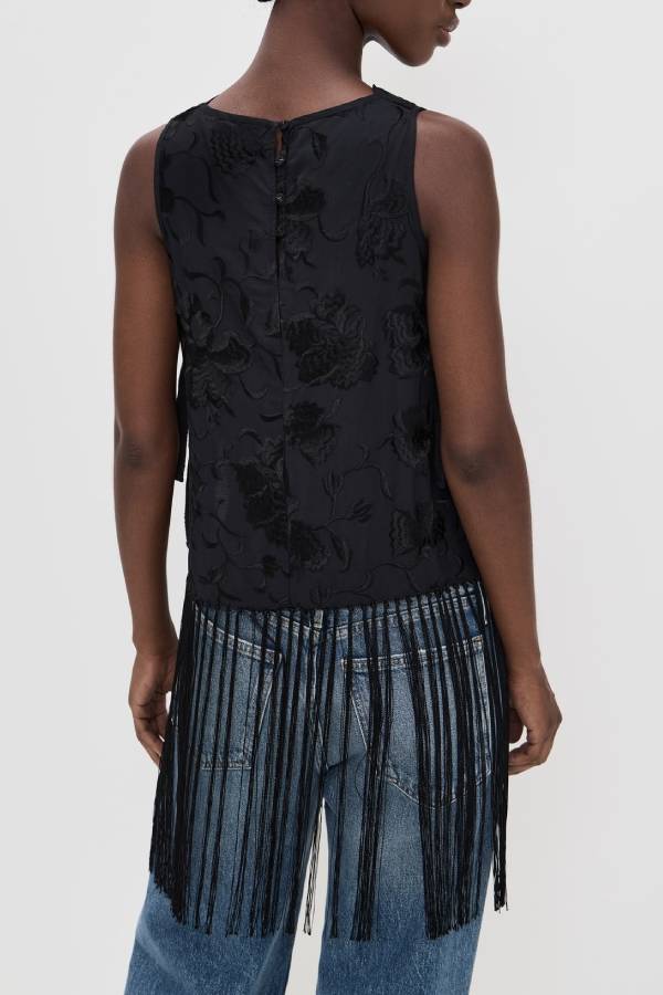 Black Floral Embroidered Tassel Sleeveless Top