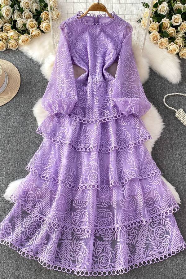 3D Lace Embroidered Multi-Layer Ruffle Long-Sleeve Dress