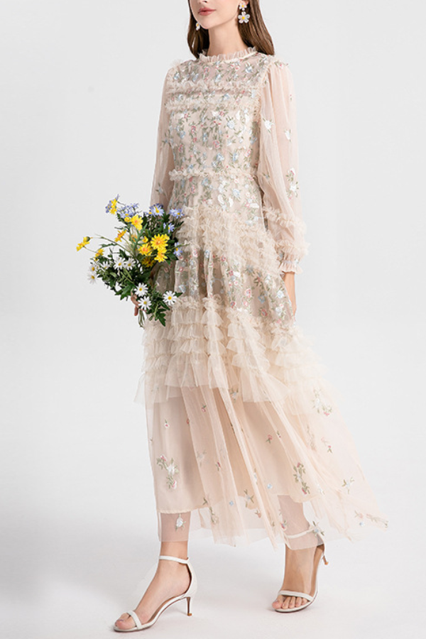 French Tulle Embroidery Floral Tiered Maxi Dress
