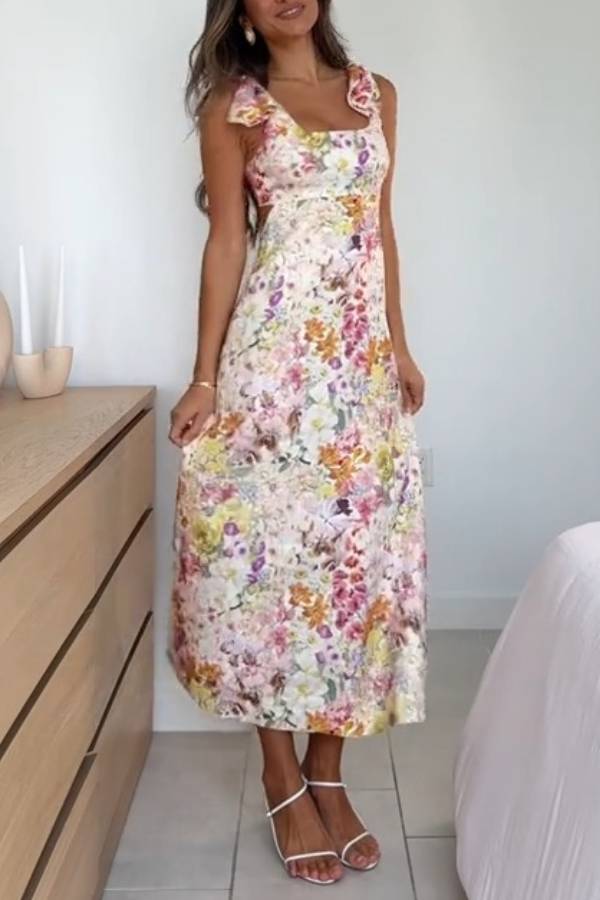 Watercolor Floral Print Bow-Trimmed Midi Dress