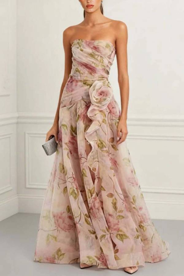 Elegant Strapless Floral Print Chiffon Maxi Dress