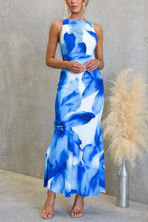 Sleeveless Open Back Watercolor Floral Bodycon Maxi Dress