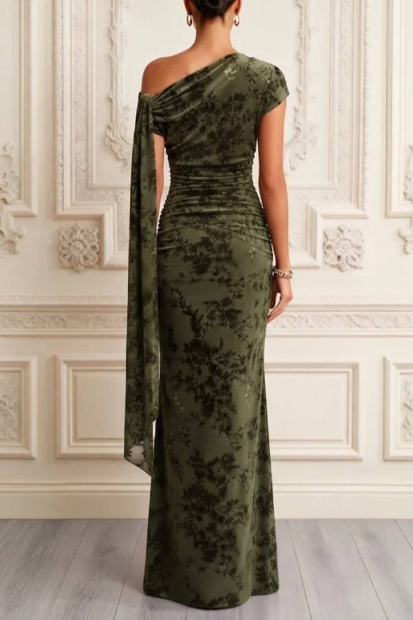 Olive Green Floral Print Asymmetrical Off Shoulder Mermaid Maxi Dress