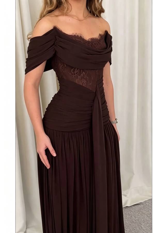 Maguire Chiffon Ruched Floral Lace Patchwork Off Shoulder Drape Gown Maxi Dress