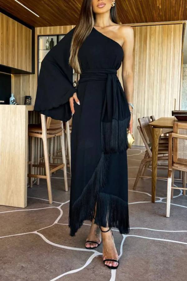 One‑Shoulder Bell Sleeve Fringe Midi Evening Dress