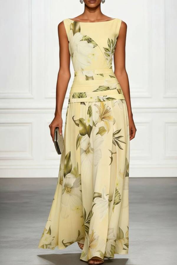 Boat-Neck Sleeveless Floral Print Maxi Dress