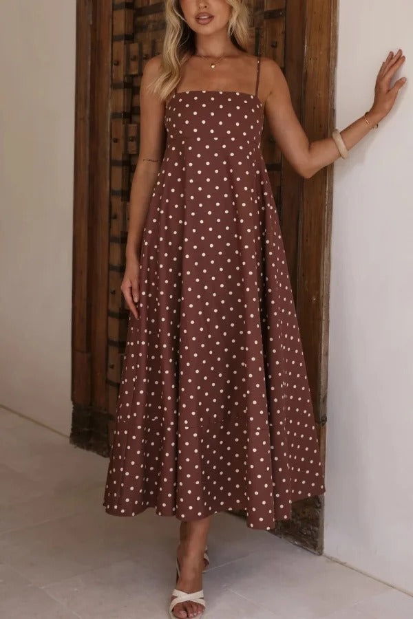 Polka Dot Print Square Neck Suspender Casual Pocket Maxi Dress