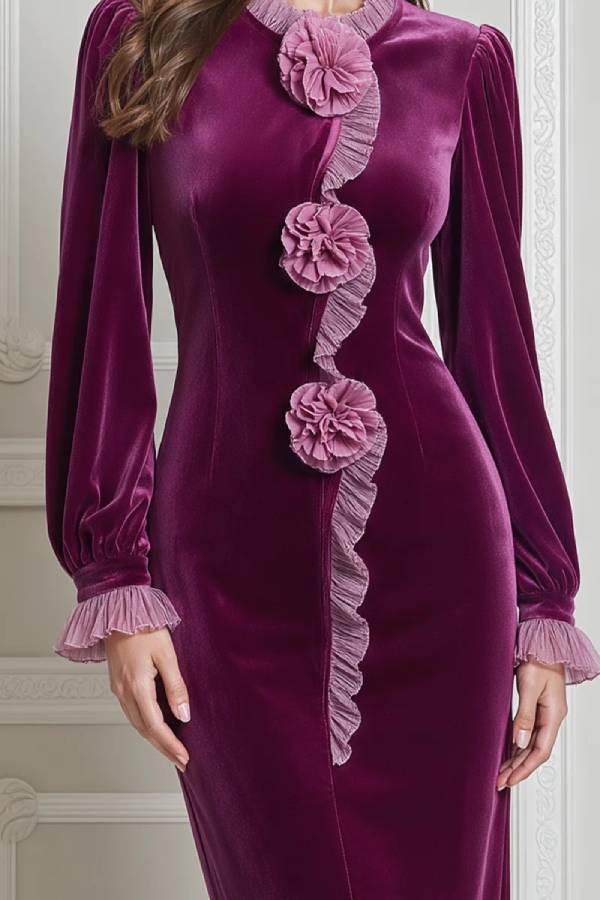 Purple Velvet Stand Collar Floral Appliqué Pencil Midi Dress