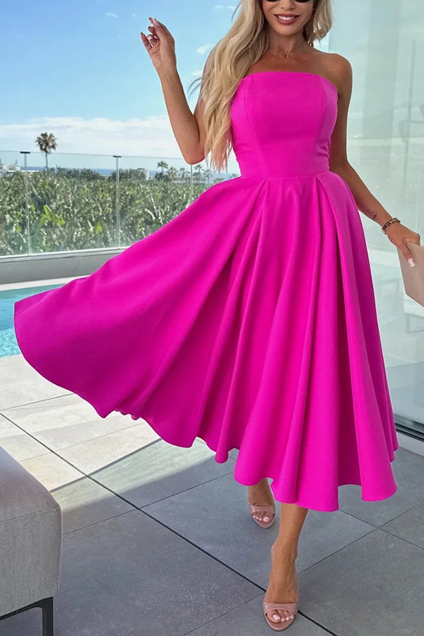 Sweet Cascade Solid Color Off Shoulder Pocket Full Hem Midi Dress