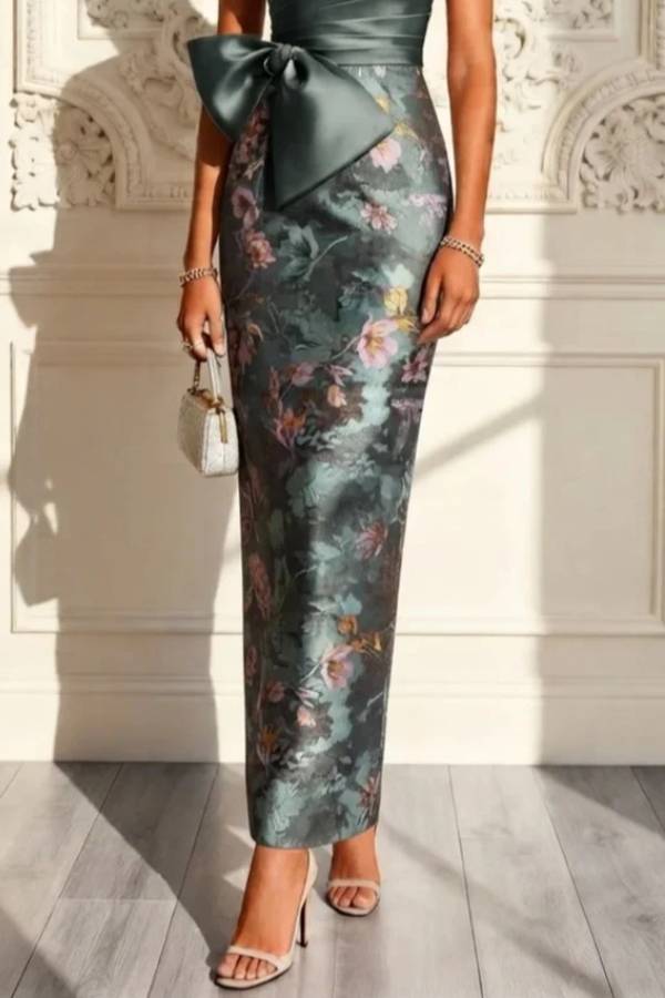 Cyan Jacquard Bow Satin One Shoulder Sleeveless Maxi Dress