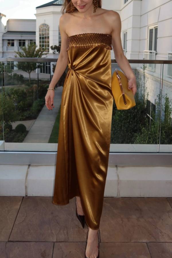 Strapless Metallic Gold Satin Maxi Dress with Fringe Neckline and Knot Draping