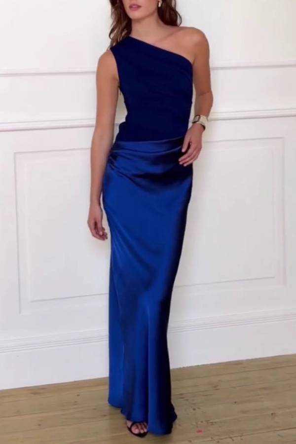 Kaia Satin Contrast Fabric Patchwork One Shoulder Ruched Maxi Dress