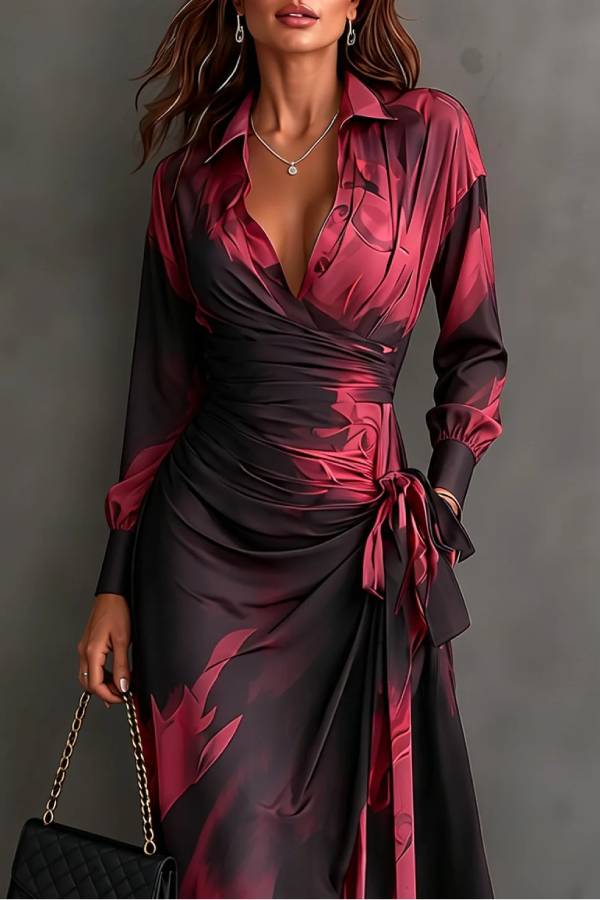 Black Red Abstract Print Wrap Collared Long Sleeve Tie‑Waist Hem Party Maxi Dress