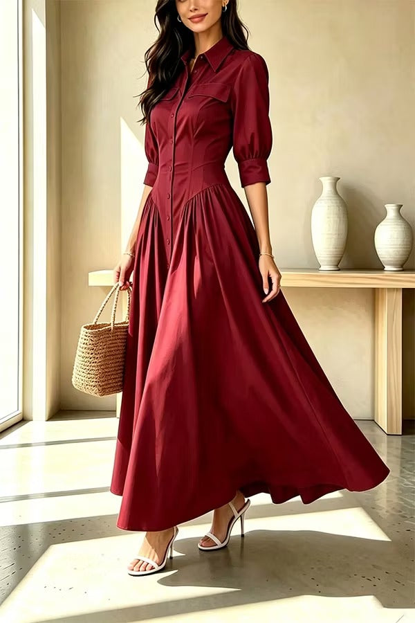 Elegant Linen Blend High Waisted Button Front Detail Pocket Shirt Umbrella Maxi Dress
