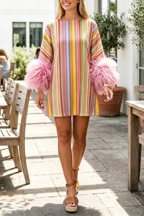 Rainbow Striped Feather Tassel Mini Dress