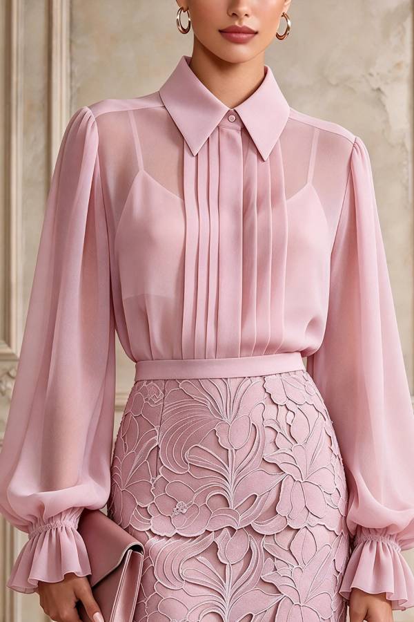 Becka Chiffon Pleated Lantern Sleeve Blouse and High Rise Embroidered Floral Pencil Skirt Set