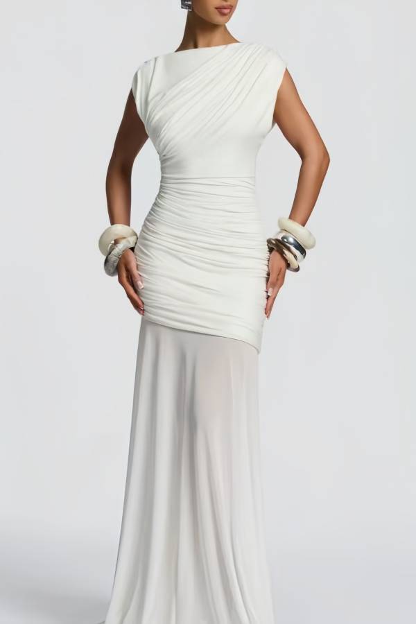 Draped Off Shoulder Ruched Waist Mesh Panel Maxi Evening Gown