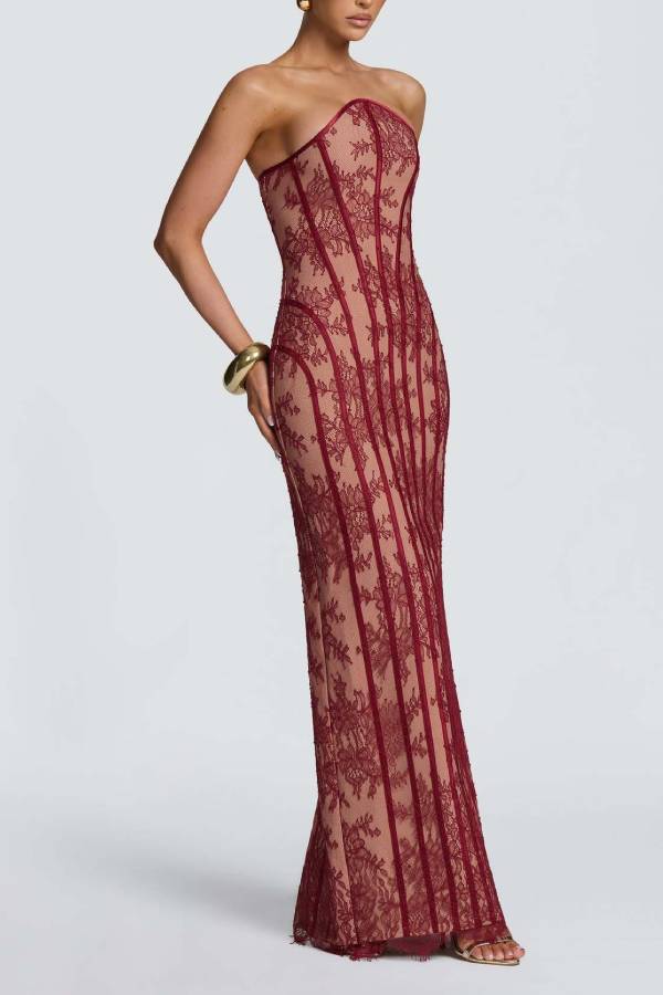 Strapless Lace Corset Lace‑Up Back Maxi Evening Gown