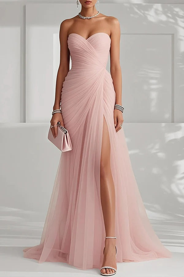 Sylvie Ruched Tulle Back Lace-up Strapless High Slit Gown Maxi Dress