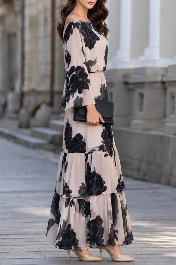 Beige Off‑Shoulder Printed Ruffle Hem Elegant Maxi Dress
