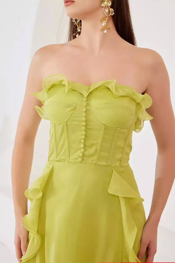Lemon Yellow Strapless Corset Ruffled Slit Evening Gown