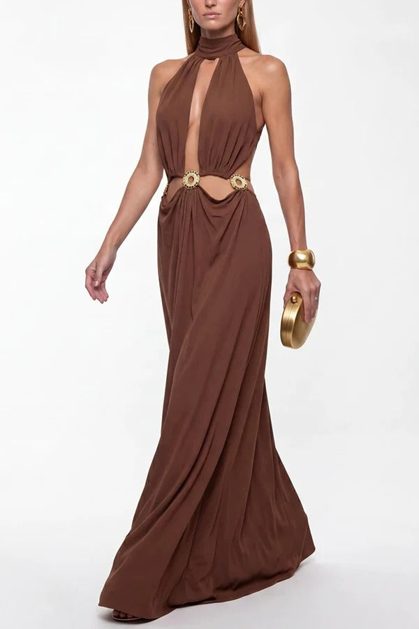 Arkos High Neck Cut-out Gold-plated Metal Emblems Backless Maxi Dress