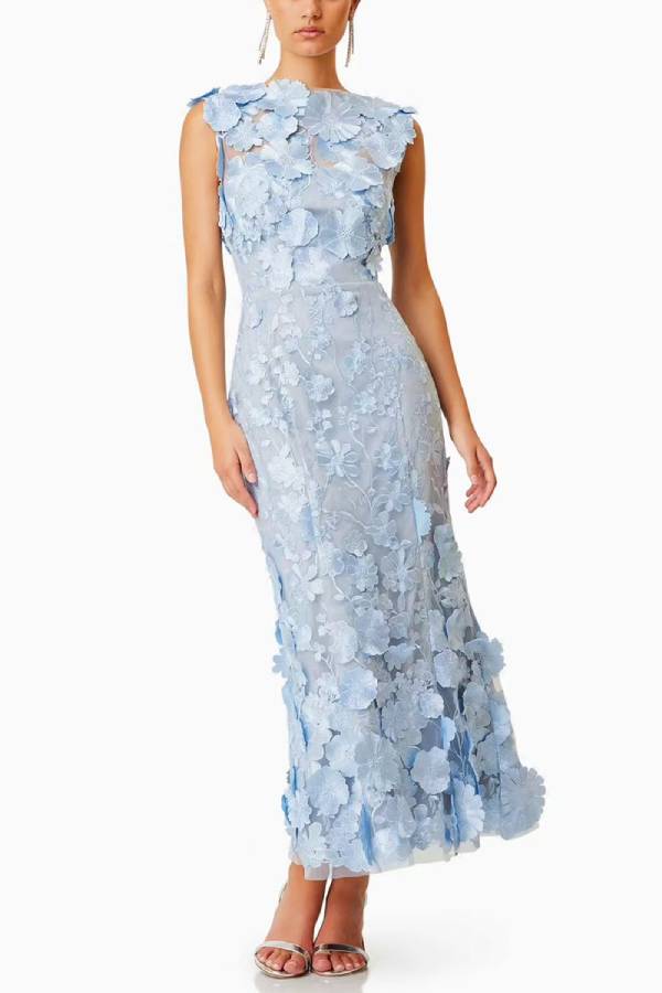 Light Blue 3D Floral Sleeveless Midi Mermaid Dress