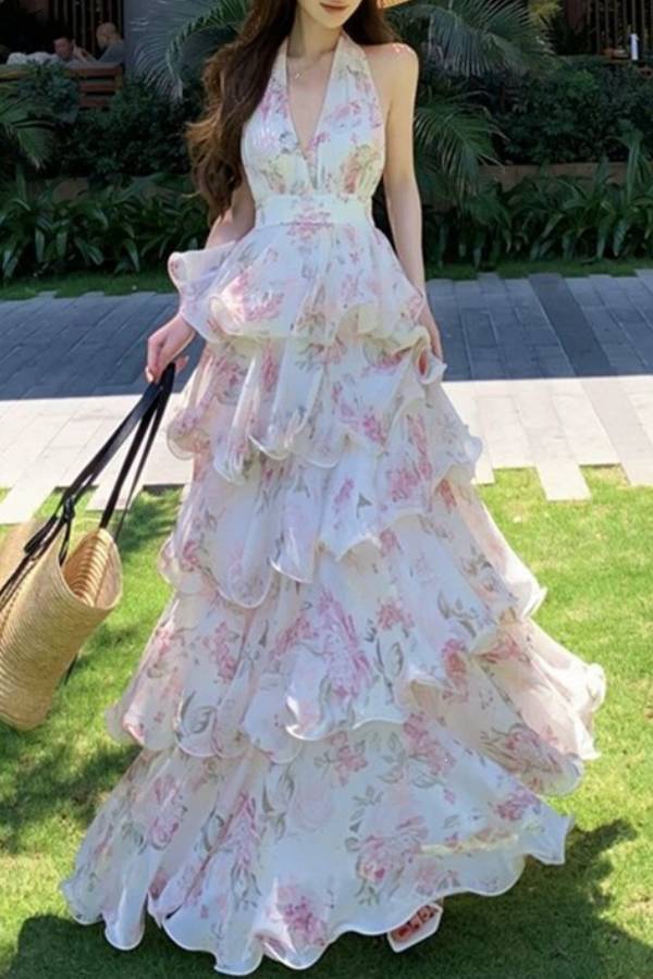 Halter Deep V Floral Ruffle Tiered Maxi Dress