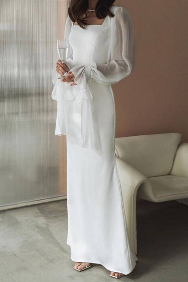 Square Neck Sheer Puff Ribbon Sleeve Satin Fitted Maxi Gown