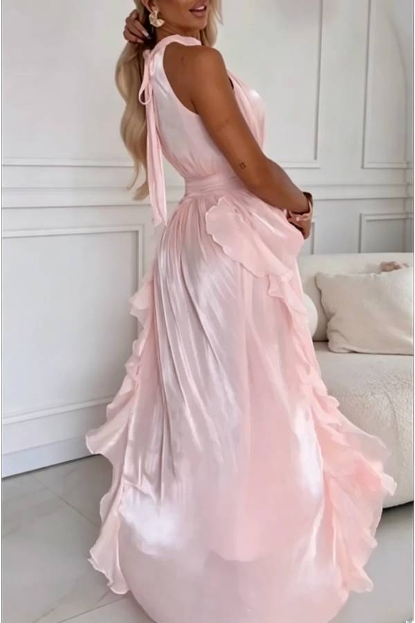 Clara Shimmer Fabric High Tie-up Neck Sleeveless Layered Ruffles Hem Maxi Dress