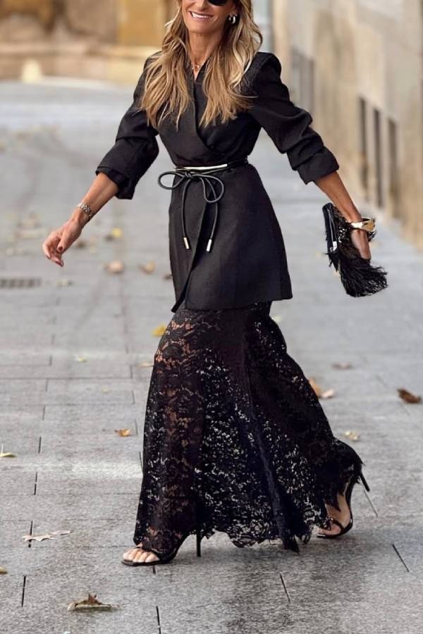 Black Lace Blazer and Skirt Set