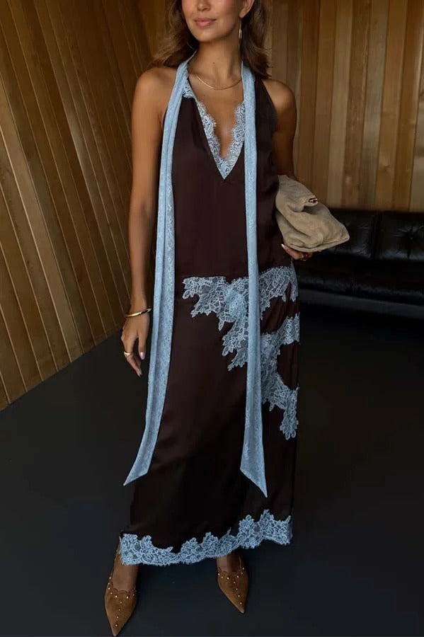 Sunday Social Contrast Color Satin Lace Trim Mid Rise Maxi Skirt