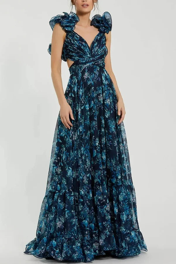 Delicate Garden Chiffon Floral Print Tiered Ruffle Cutout Back Lace-up Gown Maxi Dress