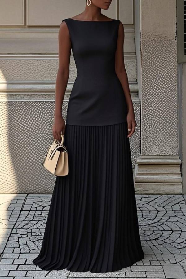 Boat-Neck Sleeveless Pleated Maxi Dress