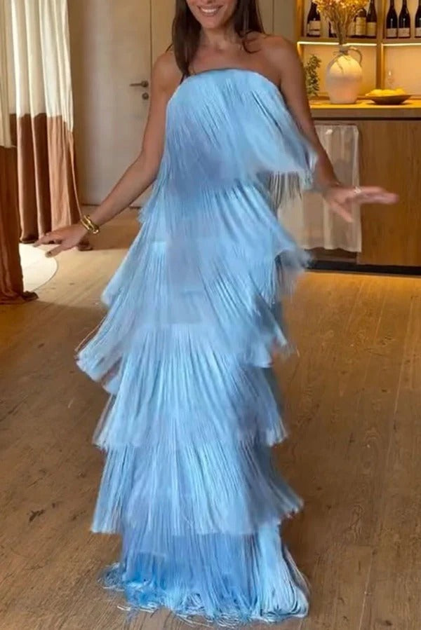 Party Queen Layered Tassel Design Off Shoulder Back Tie-up Maxi Dress