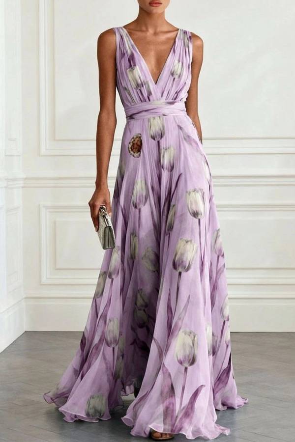 Elegant Tulip Print V-neck Maxi Dress