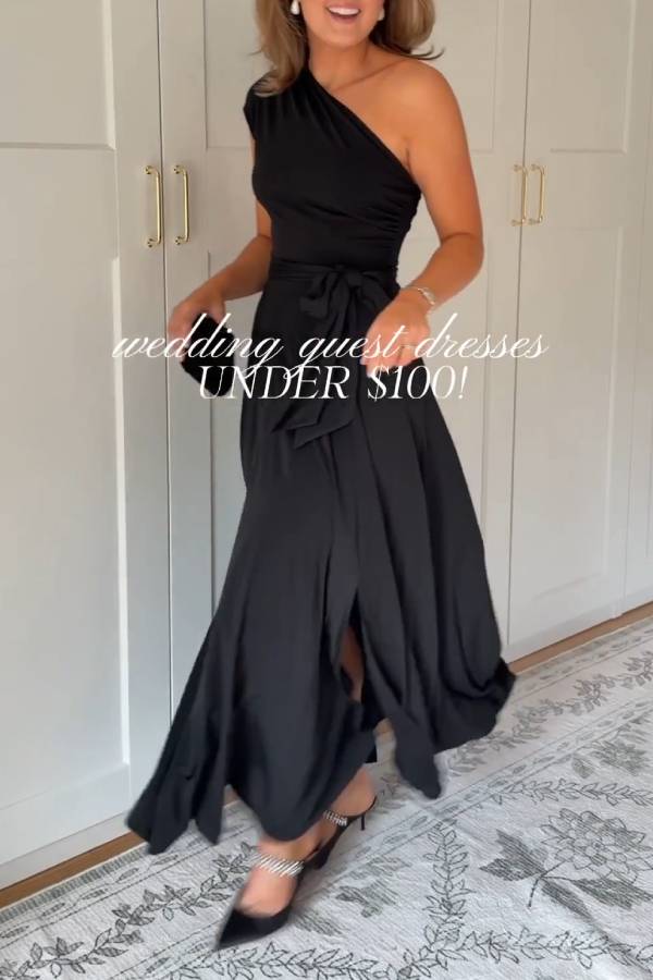 Black one-shoulder fitted waist full skirt