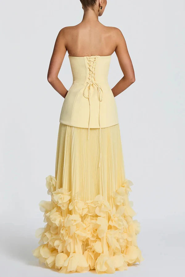 Serafina Strapless Back Lace-up Handcrafted Floral Appliqués Pleated Hem Gown Maxi Dress