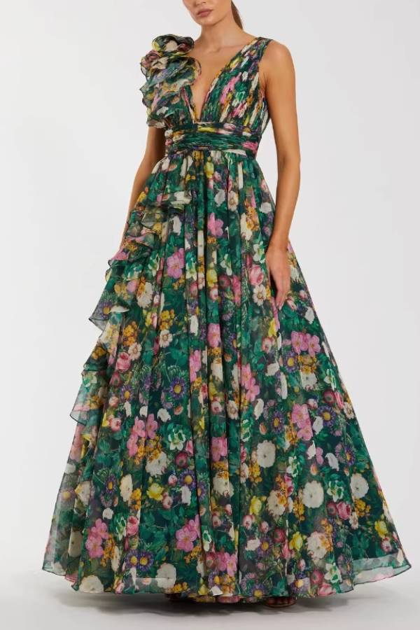 Emerald Floral Print One-Shoulder Ruffle Backless Maxi Evening Dress