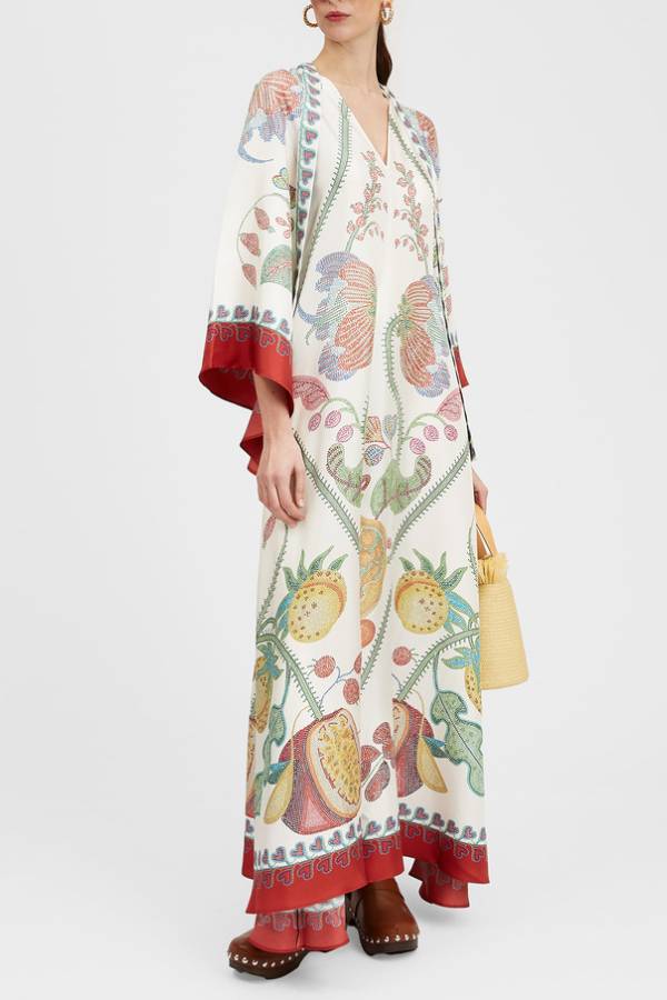 Vintage Print Satin Wide Sleeve Vacation Kaftan Maxi Dress