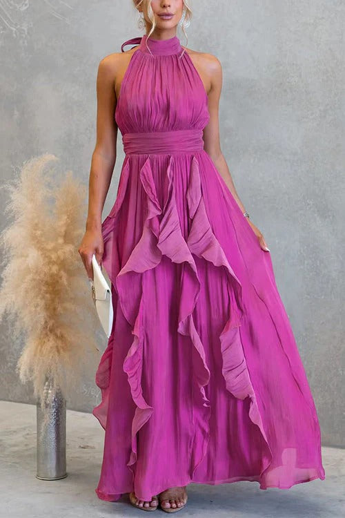 Halter Neck Waisted Ruffle Maxi Dress