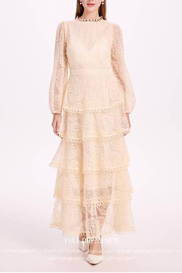 3D Lace Embroidered Multi-Layer Ruffle Long-Sleeve Dress