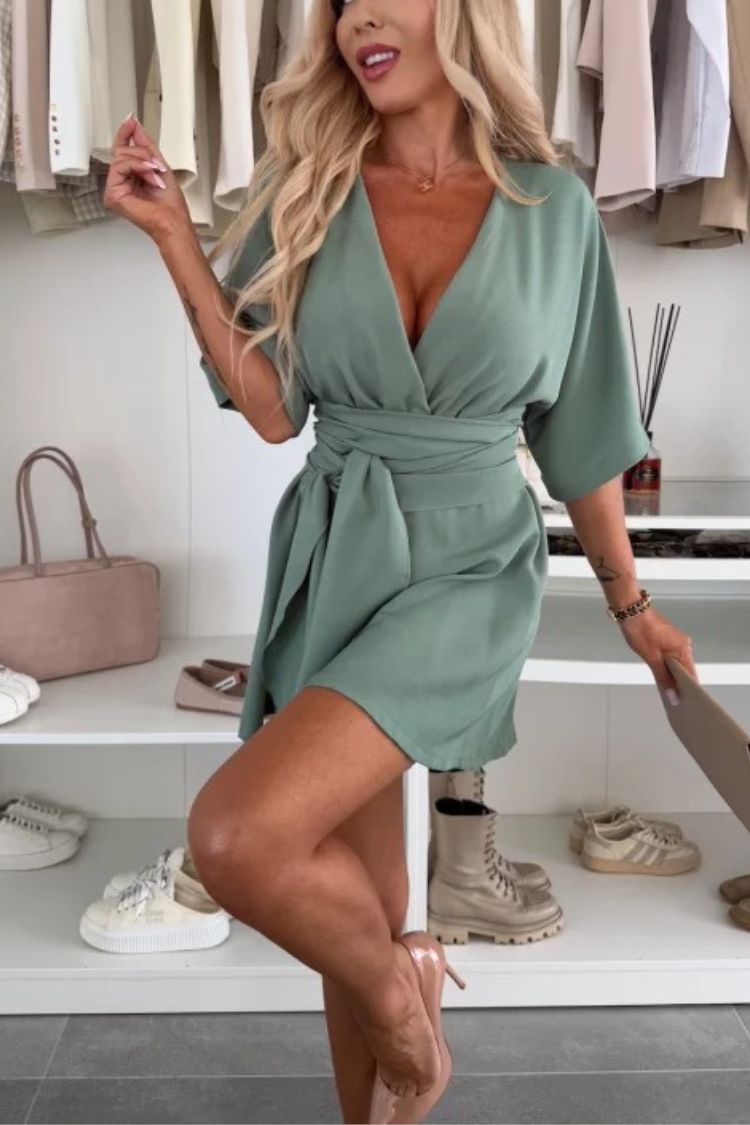 Stylish Comfortable V-neck Wide Sleeve Tie-up Loose Romper