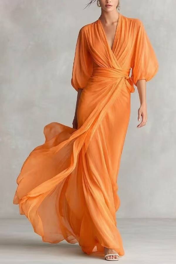 Wrap V-Neck Lantern Sleeve Chiffon Evening Gown
