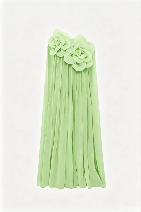 Jaclyn Sheer Tulle 3D Floral Embellishments Sculpted Pleated Strapless Maxi Dress