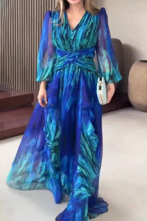 Blue Green Tie Dye Chiffon Maxi Dress V Neck Puff Sleeve Belted Ruffle Evening Gown